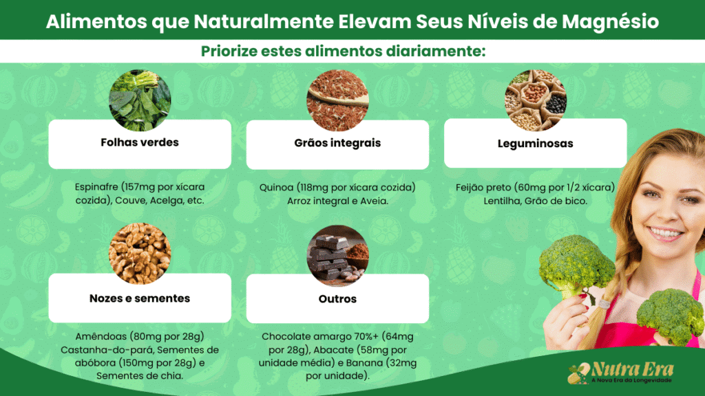 Guia prático de alimentos ricos em magnésio: espinafre 157mg, amêndoas 80mg, sementes de abóbora 150mg, feijão preto 60mg, quinoa 118mg, chocolate amargo 64mg e abacate 58mg por porção.