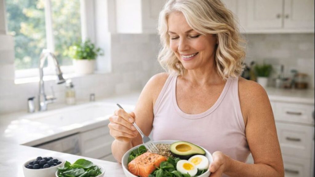 Mulher madura de 50 anos preparando primeira refeição nutritiva após jejum com salmão, quinoa, espinafre e abacate em cozinha iluminada