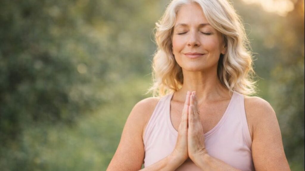 Mulher madura de aproximadamente 55 anos meditando serenamente ao ar livre representando bem-estar e vitalidade conquistados com otimização de magnésio
