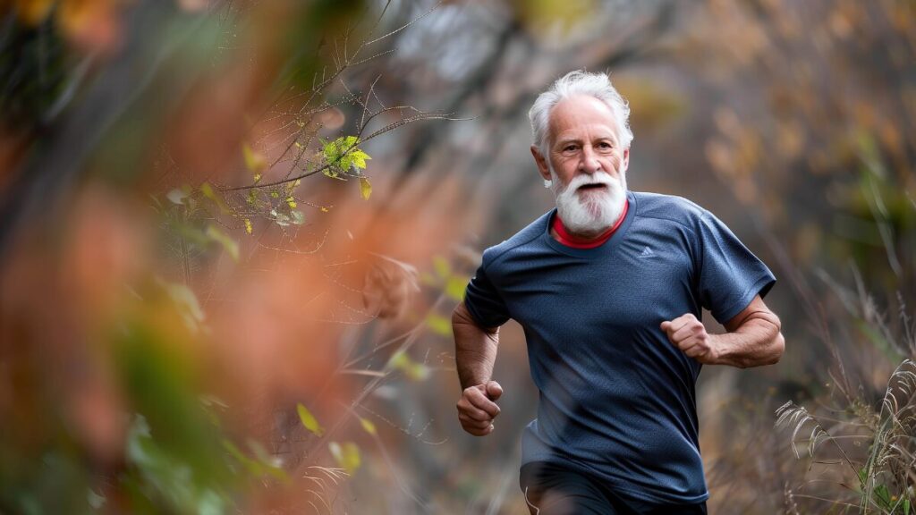 Homem de 55 anos praticando exercício cardiovascular leve em jejum durante manhã ao ar livre representando treino em estado de jejum