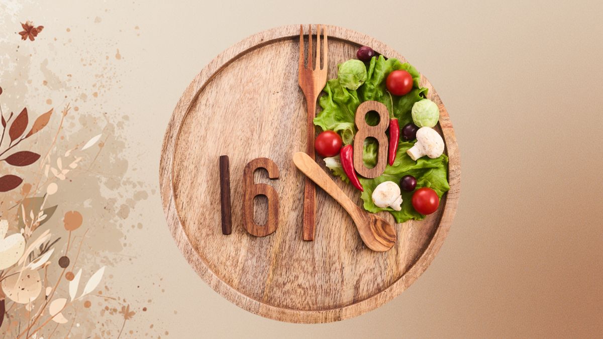 Conceito visual de jejum intermitente 16/8 com relógio e alimentos saudáveis como espinafre, amêndoas, salmão e quinoa em fundo branco minimalista