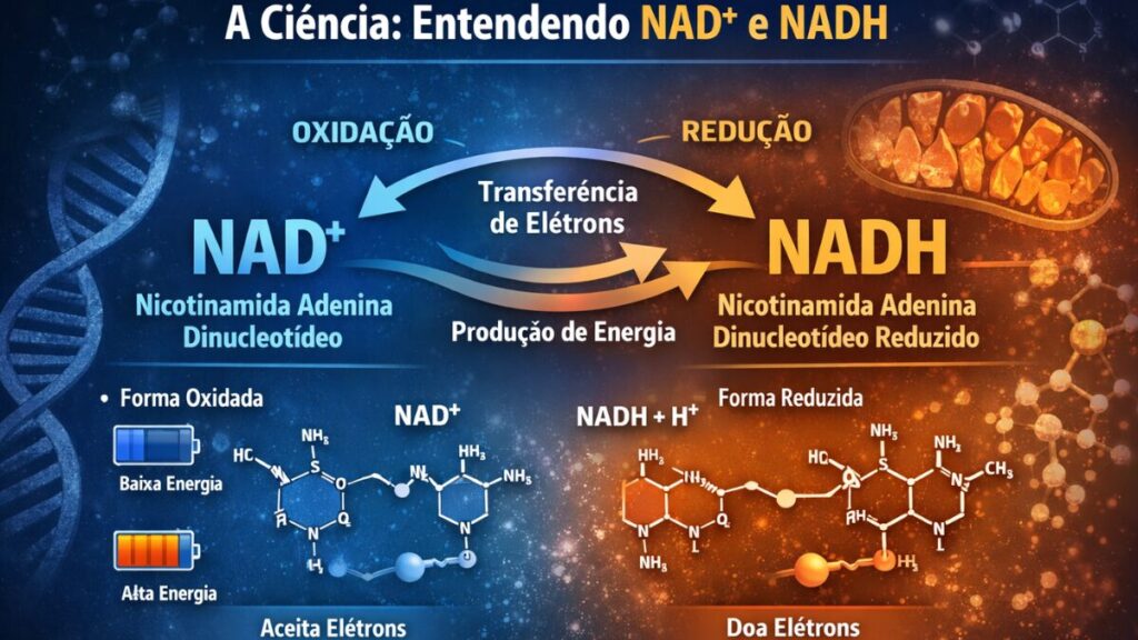 Infográfico científico detalhando o ciclo de oxirredução entre NAD+ e NADH, mostrando a transferência de elétrons, mitocôndria e estruturas químicas para produção de energia celular.