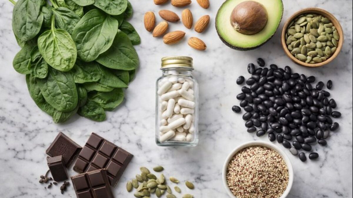 Fontes naturais de magnésio: espinafre, amêndoas, chocolate amargo, abacate, sementes e suplemento em cápsulas sobre mármore branco